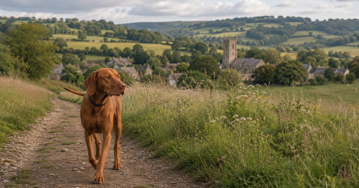 Dog walking on a countryside path in the Cotswolds with village and church in the background